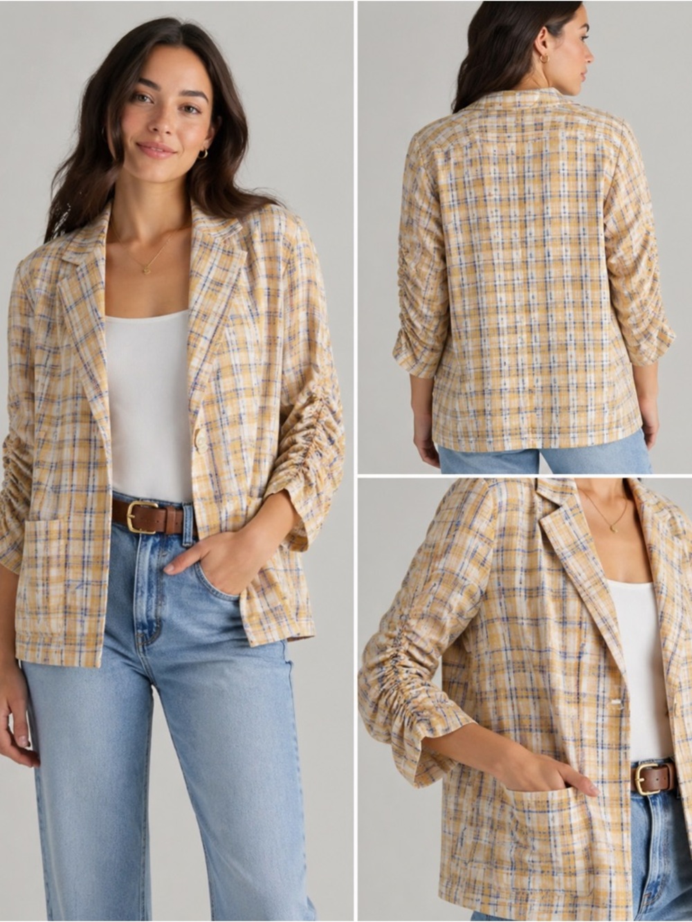 Max Studio Yellow Plaid Ruched-Sleeve Blazer
